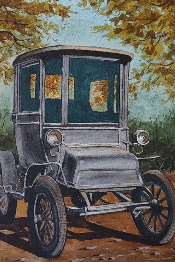 early electric car Oshay watercolours