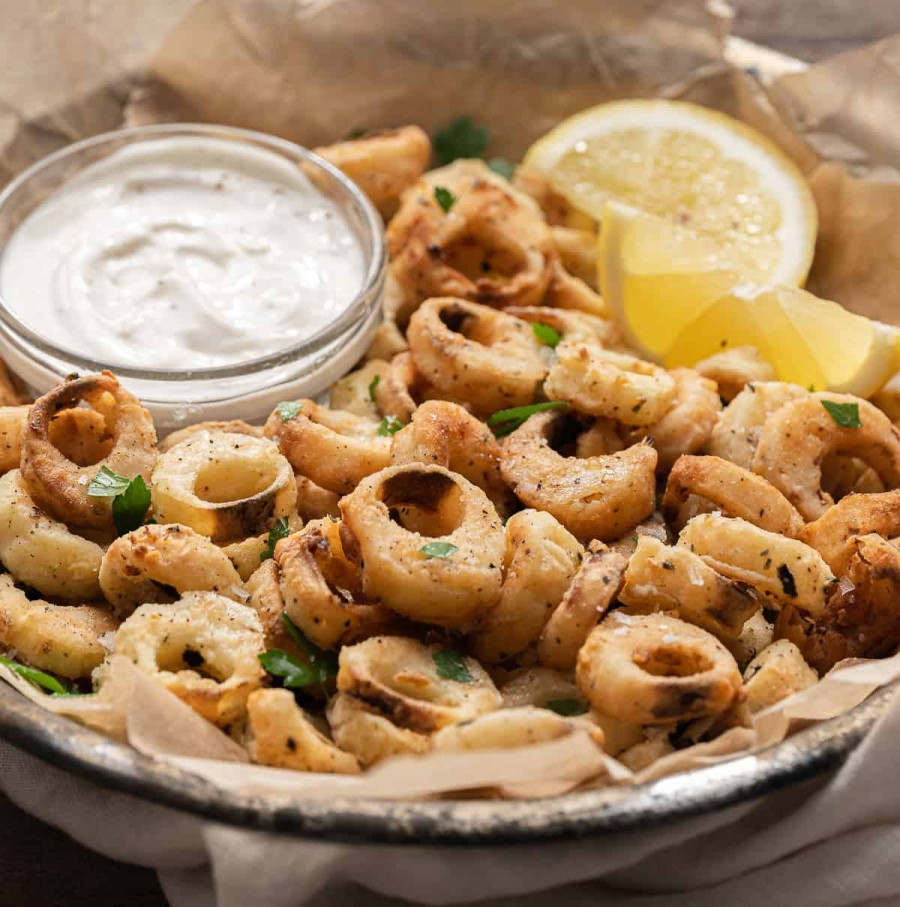 vegan calamari with garlic aioli
