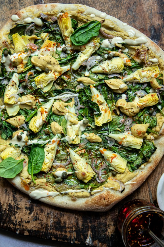 vegan spinach artichoke pizza