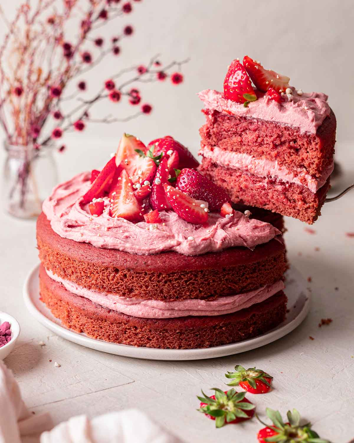 frosted vegan strawberry cake