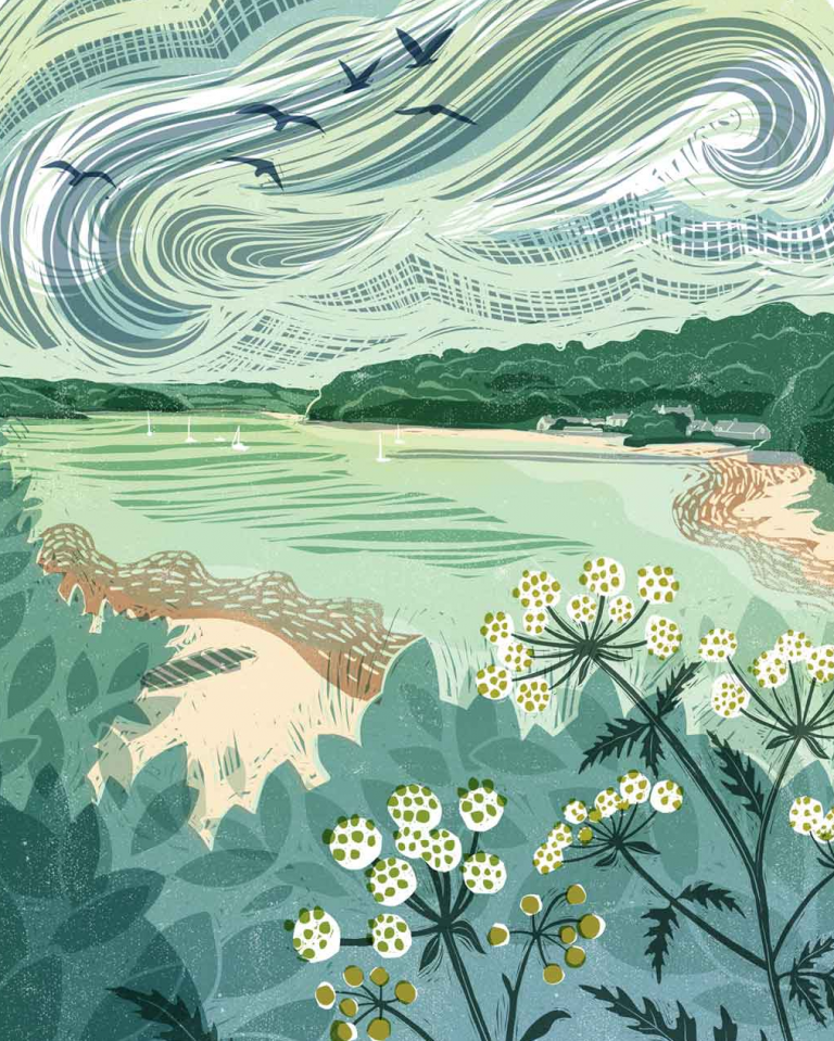 Helford lino print Whistlefish