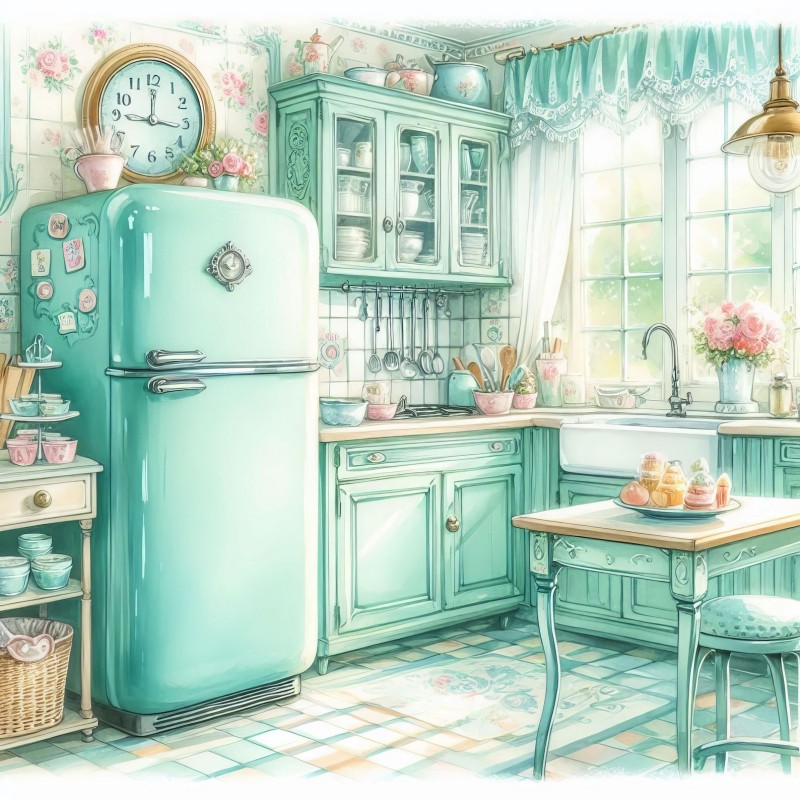 retro kitchen with fridge freezer