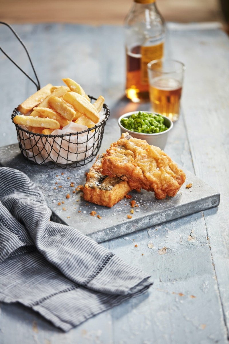 beer-battered tofish and chips