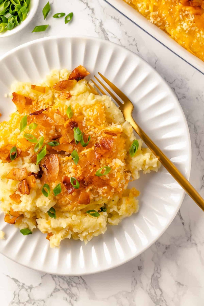 vegan cheese bacon mashed potato casserole