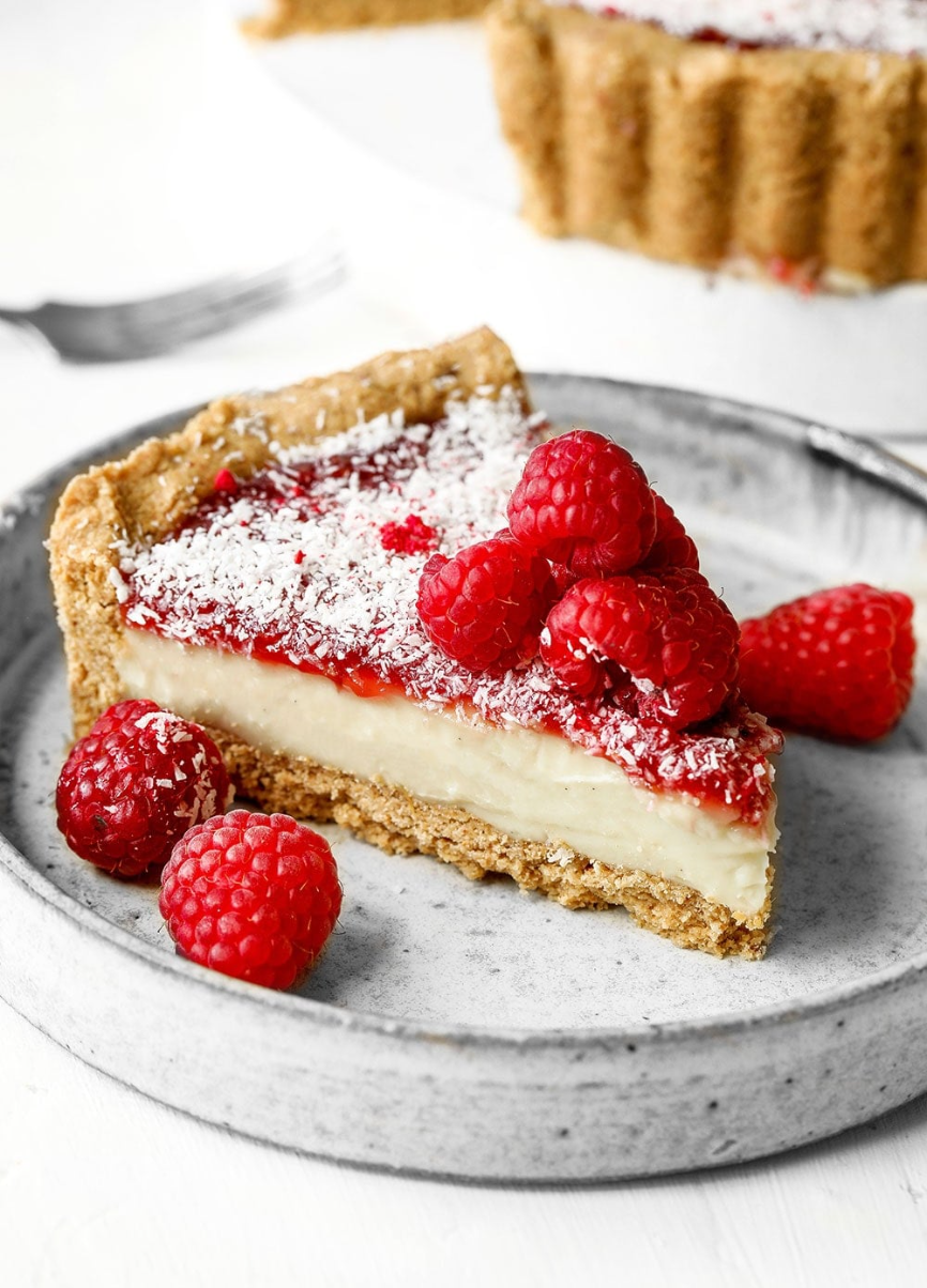 vegan custard jam coconut tart 