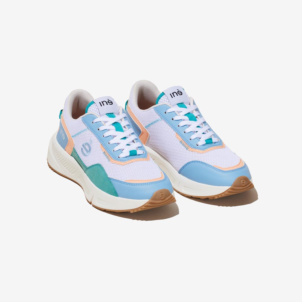 coral and blue vegan sneakers