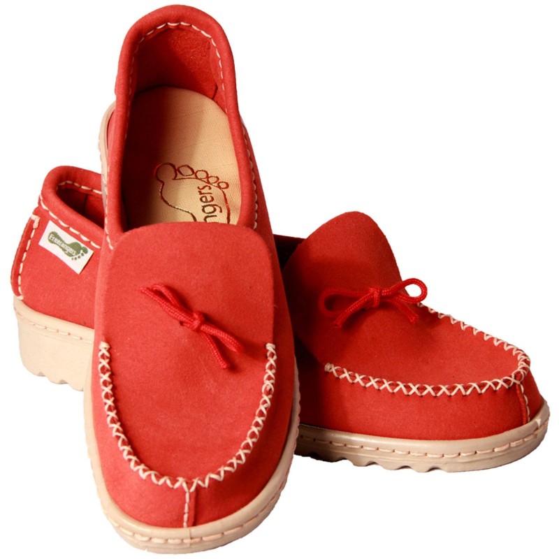 red vegan loafers