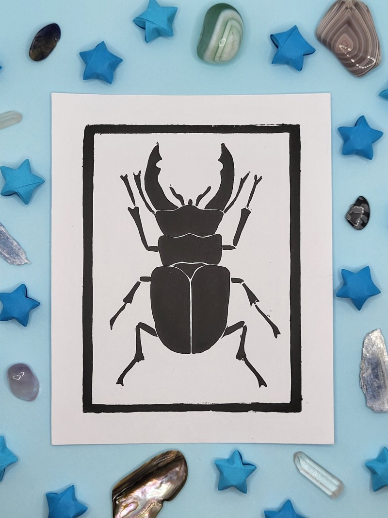 stag beetle lino print